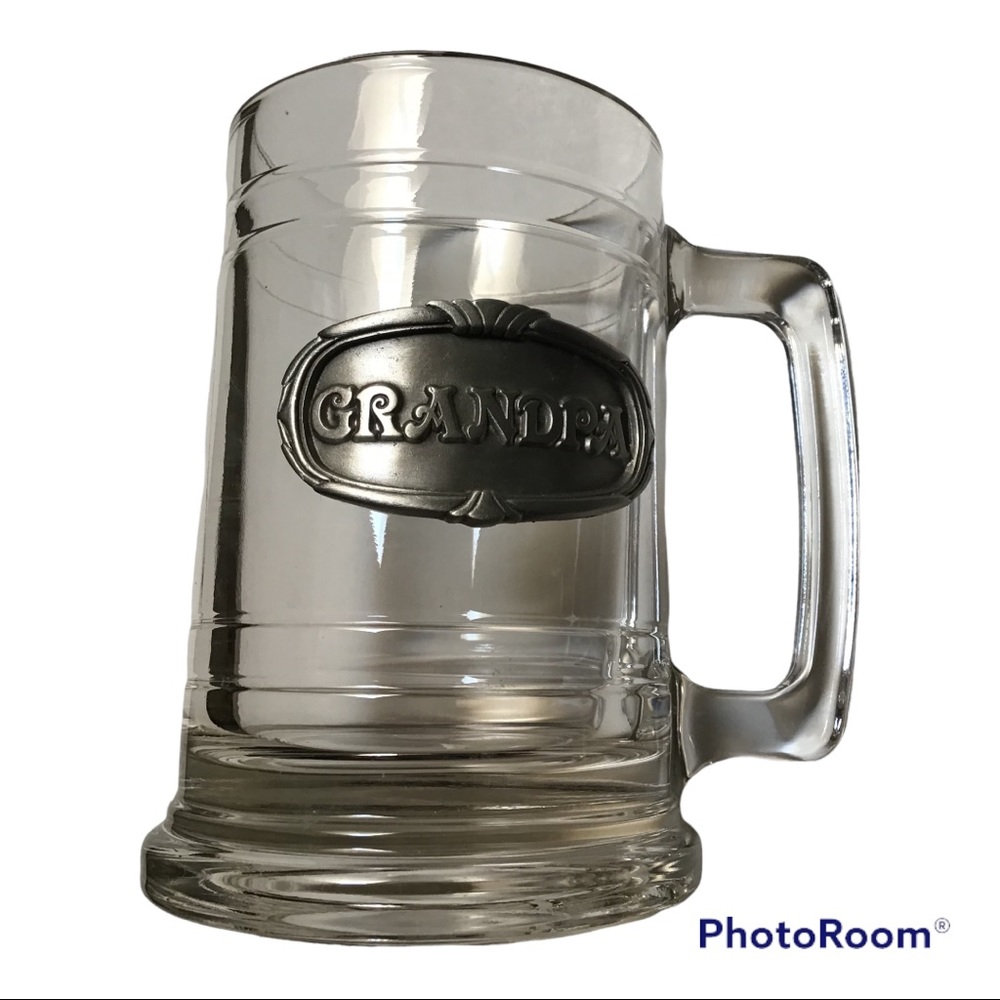 Vintage Grandpa Pewter Emblem Heavy‎ Glass Colonial Beer Ale Mead Tankard NWT